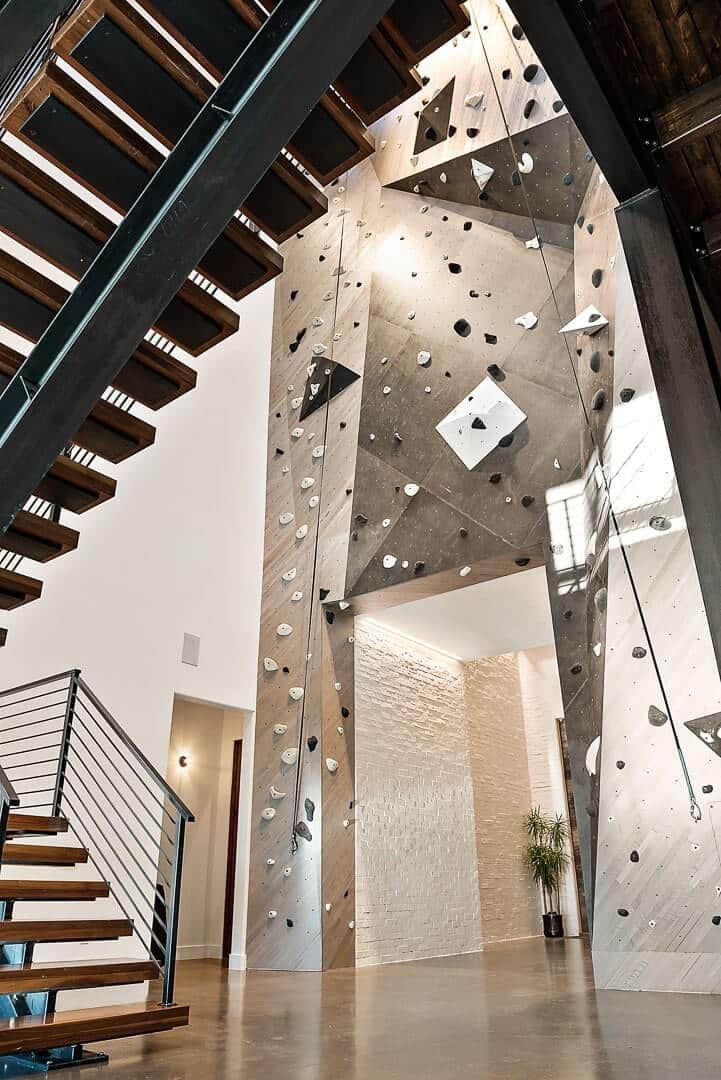 Huge climbing wall in custom home built by Dennis Miller Homes.