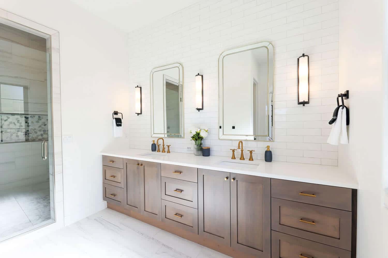 Master bathroom with dual basins and modern subway tile - luxury vacation home in St George, UT